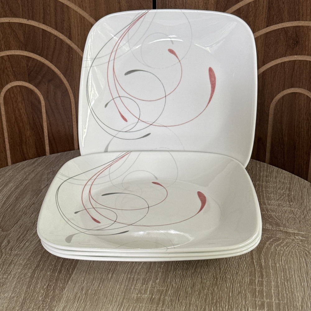 Corelle Splendor 4 Luncheon Plates Red Gray Swirls Square 9"